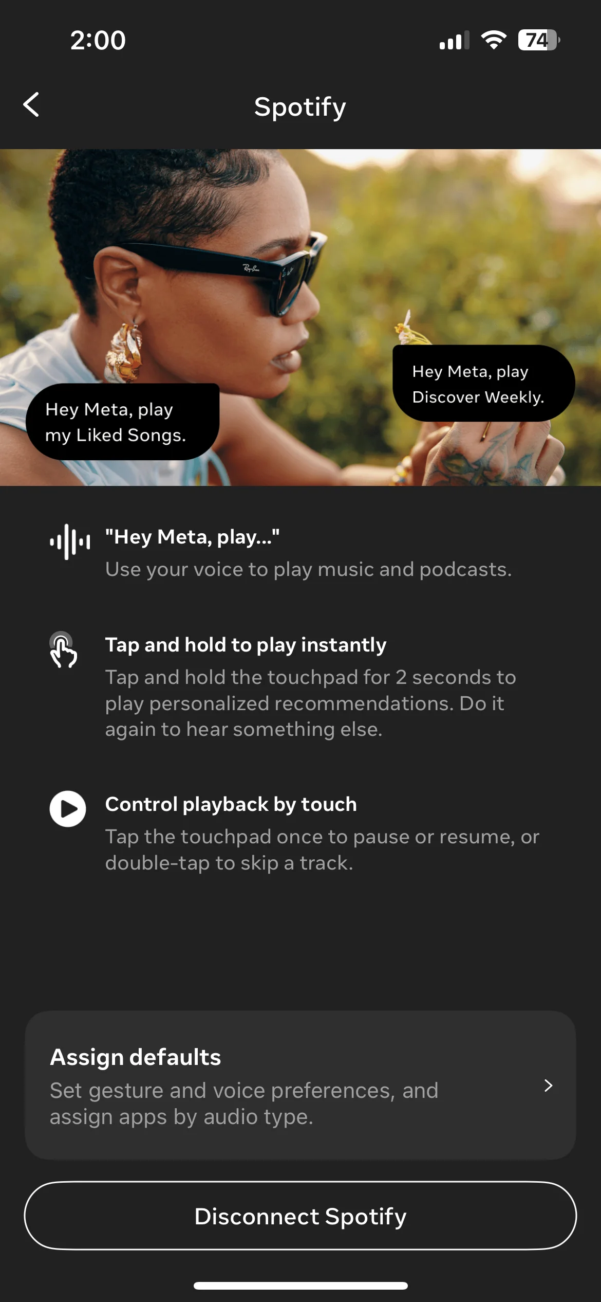 Spotify connection — voice, gesture and default setup